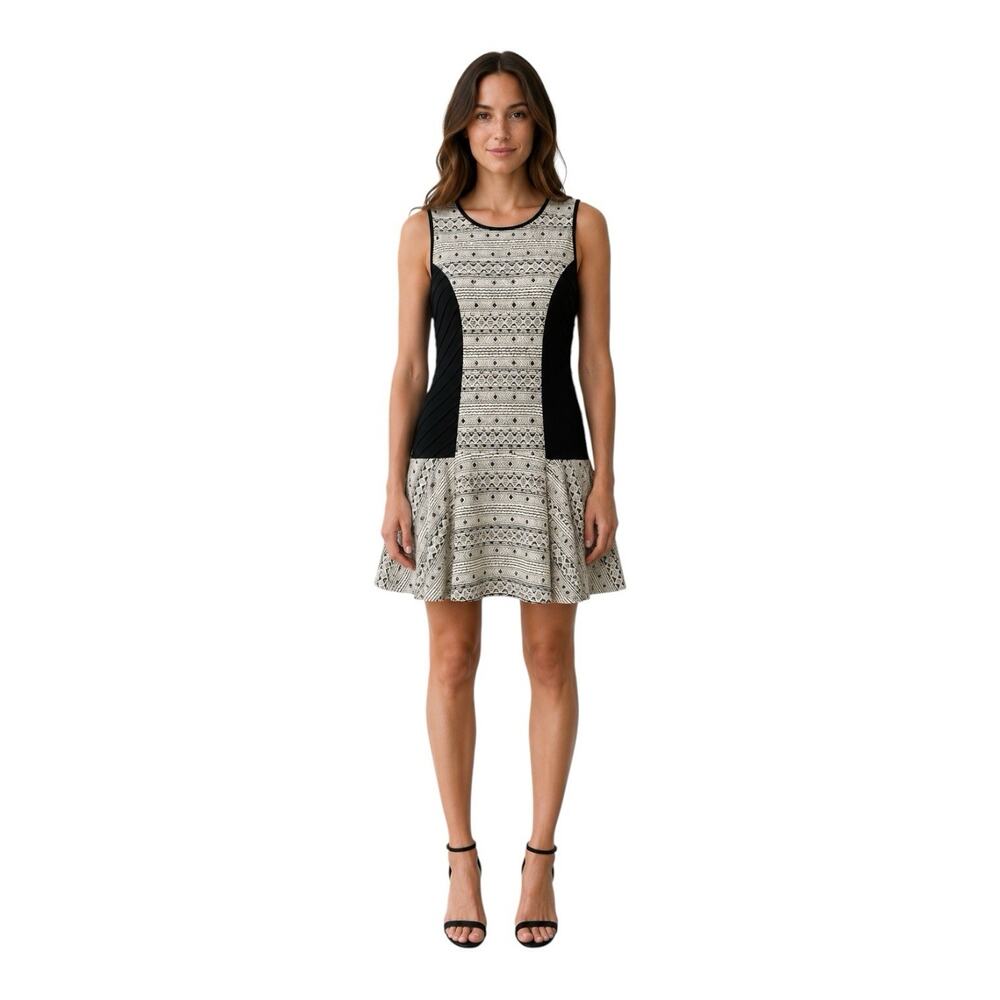 Greylin Womens Boho Black White Jacquard Mini Flounce Hem Dress Sleeveless Sz M